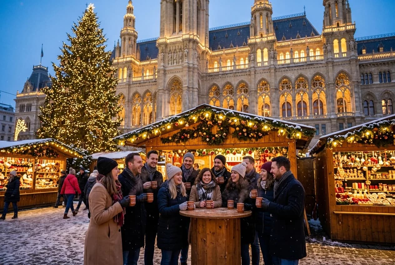 Corporate team at Hamburg Rathausmarkt Christmas market with Glühwein and festive lights