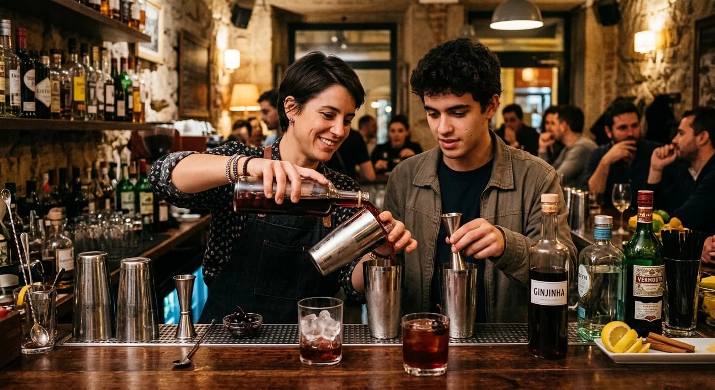Team making cocktails with Portuguese spirits at a Bairro Alto bar in Lisbon