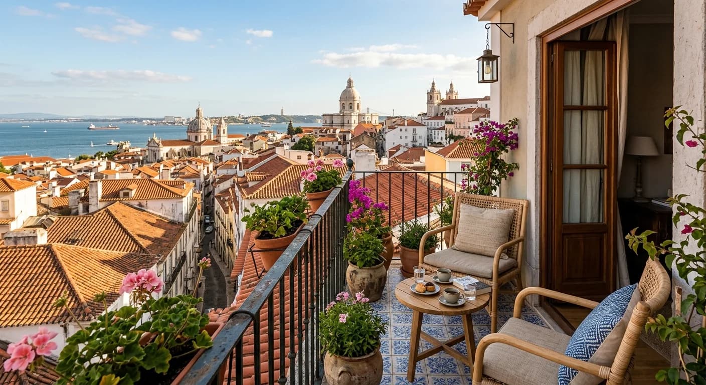 Stylish boutique hotel room in Lisbon with azulejo tile accents and city views