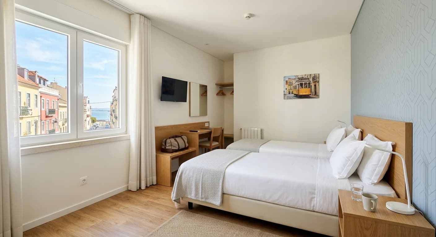 Clean modern budget hotel room in Lisbon for corporate team group bookings