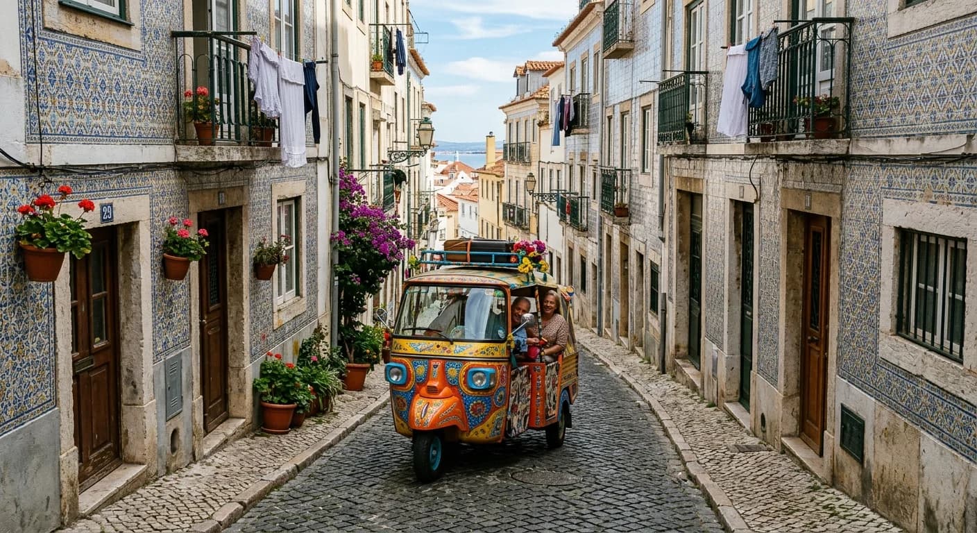 Team in colourful tuk tuks racing through Alfama's cobblestone streets in Lisbon