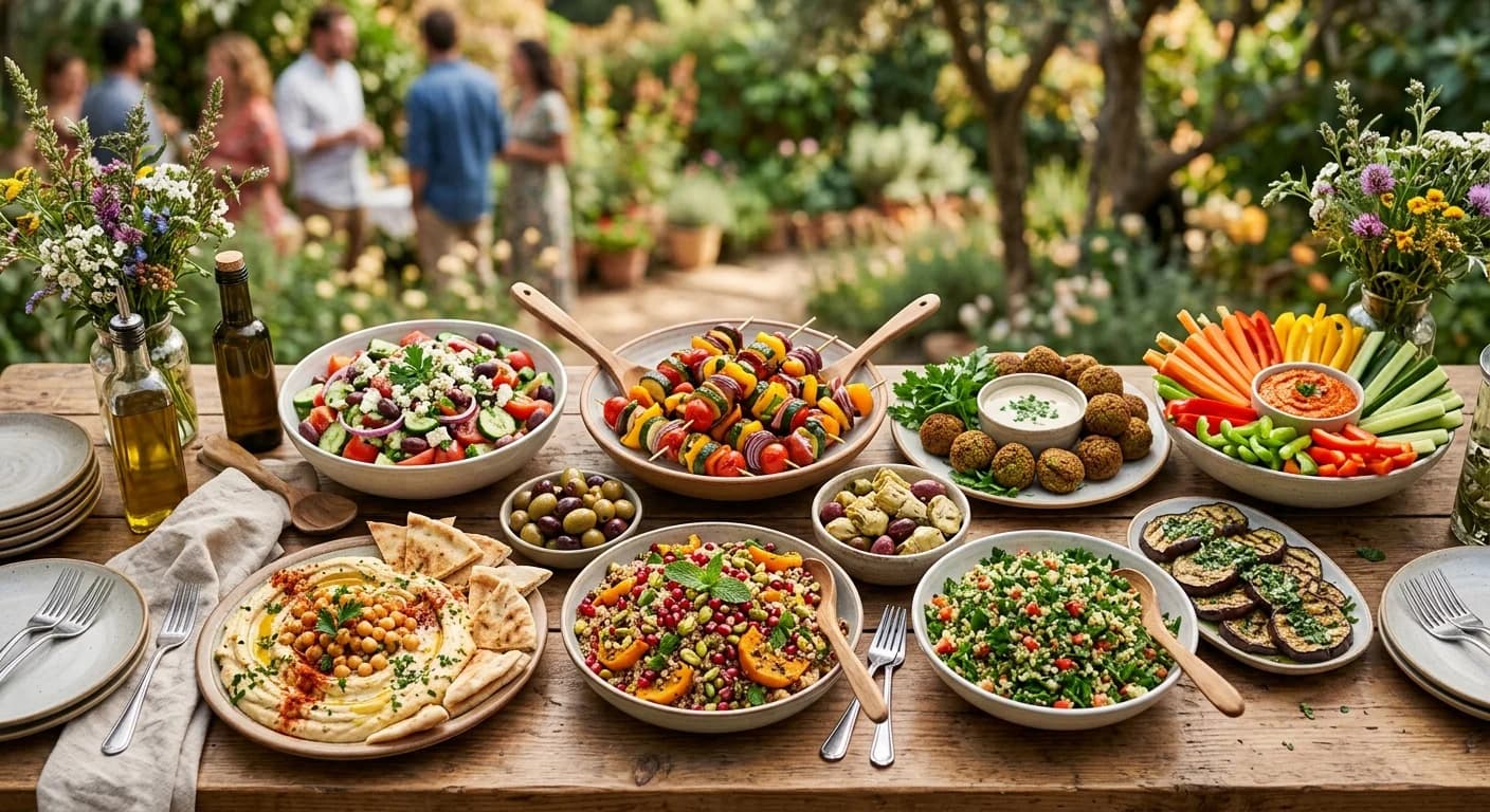 Colourful vegan catering buffet with plant-based Portuguese dishes at a Lisbon team event