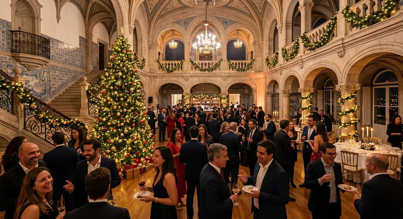 Corporate Christmas party in a decorated historic venue in Lisbon with festive lighting