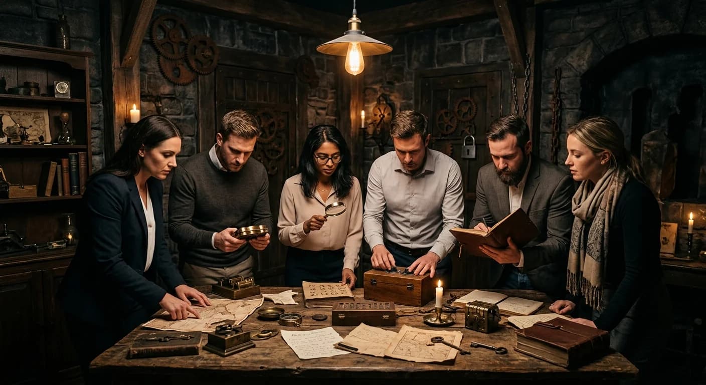 Team solving puzzles in a Lisbon-themed escape room during a corporate team building event