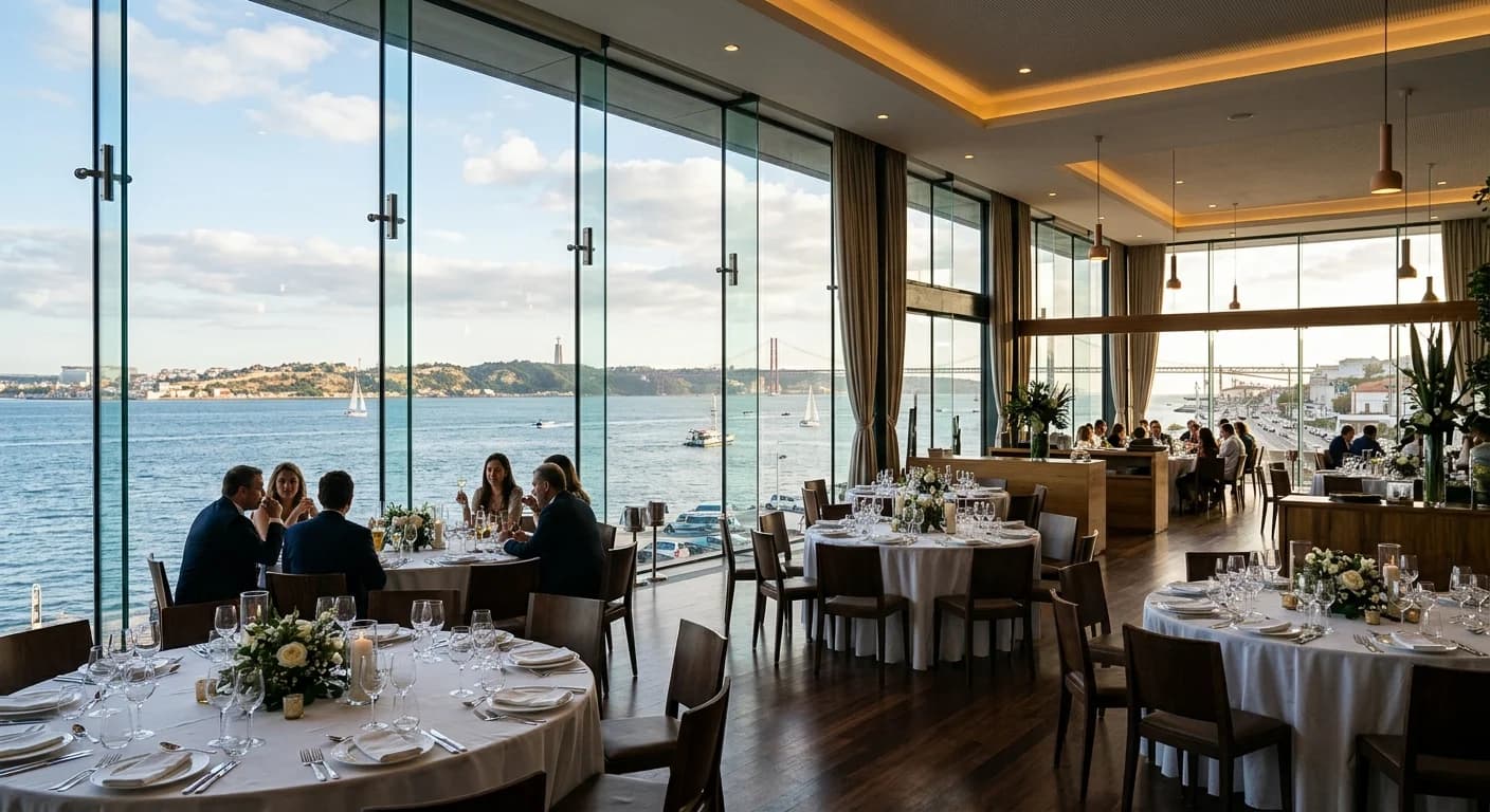 Waterfront event venue on the Tagus River in Lisbon with bridge views at golden hour