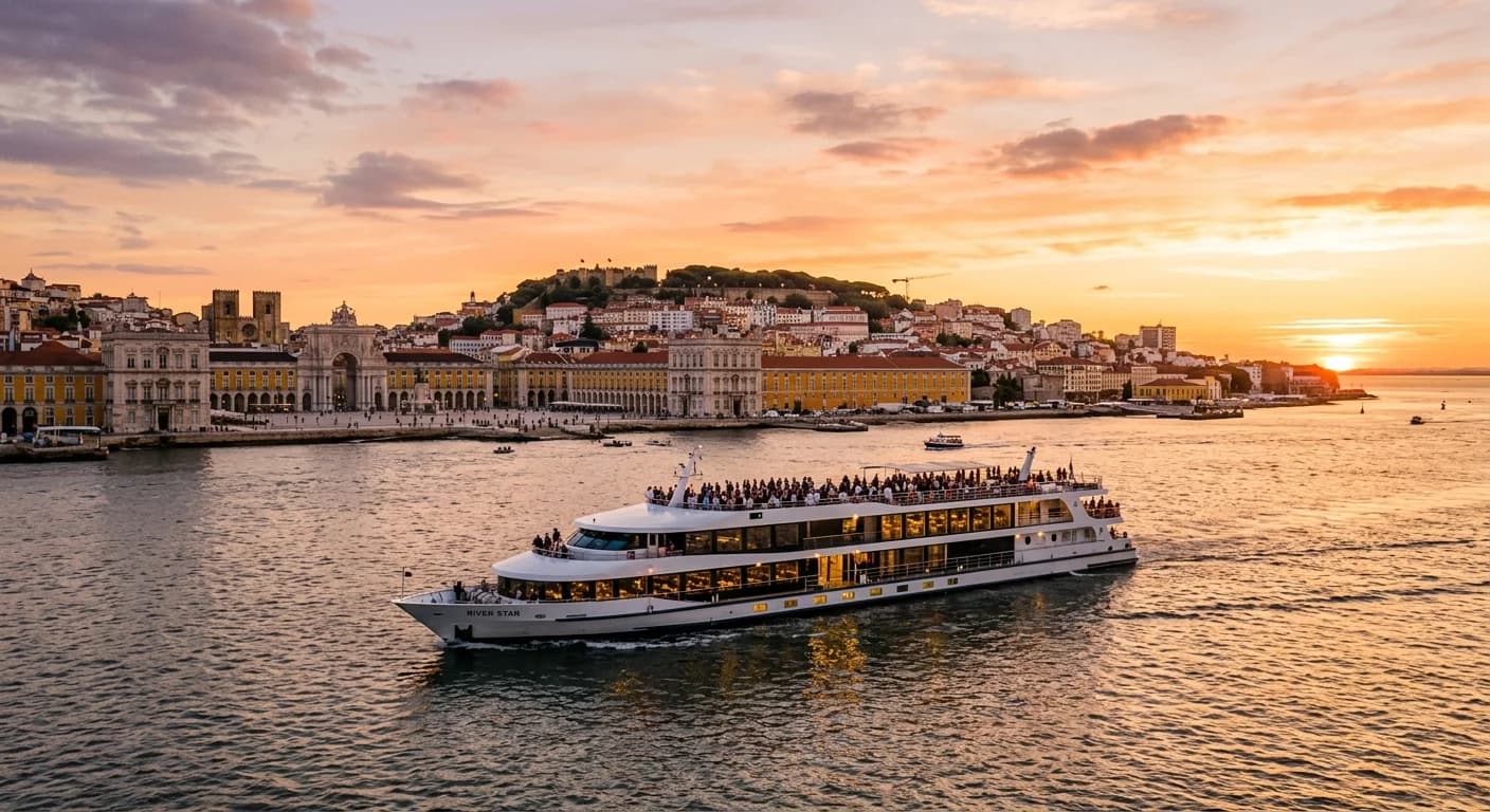 Private event boat on the Tagus River in Lisbon with corporate team at sunset