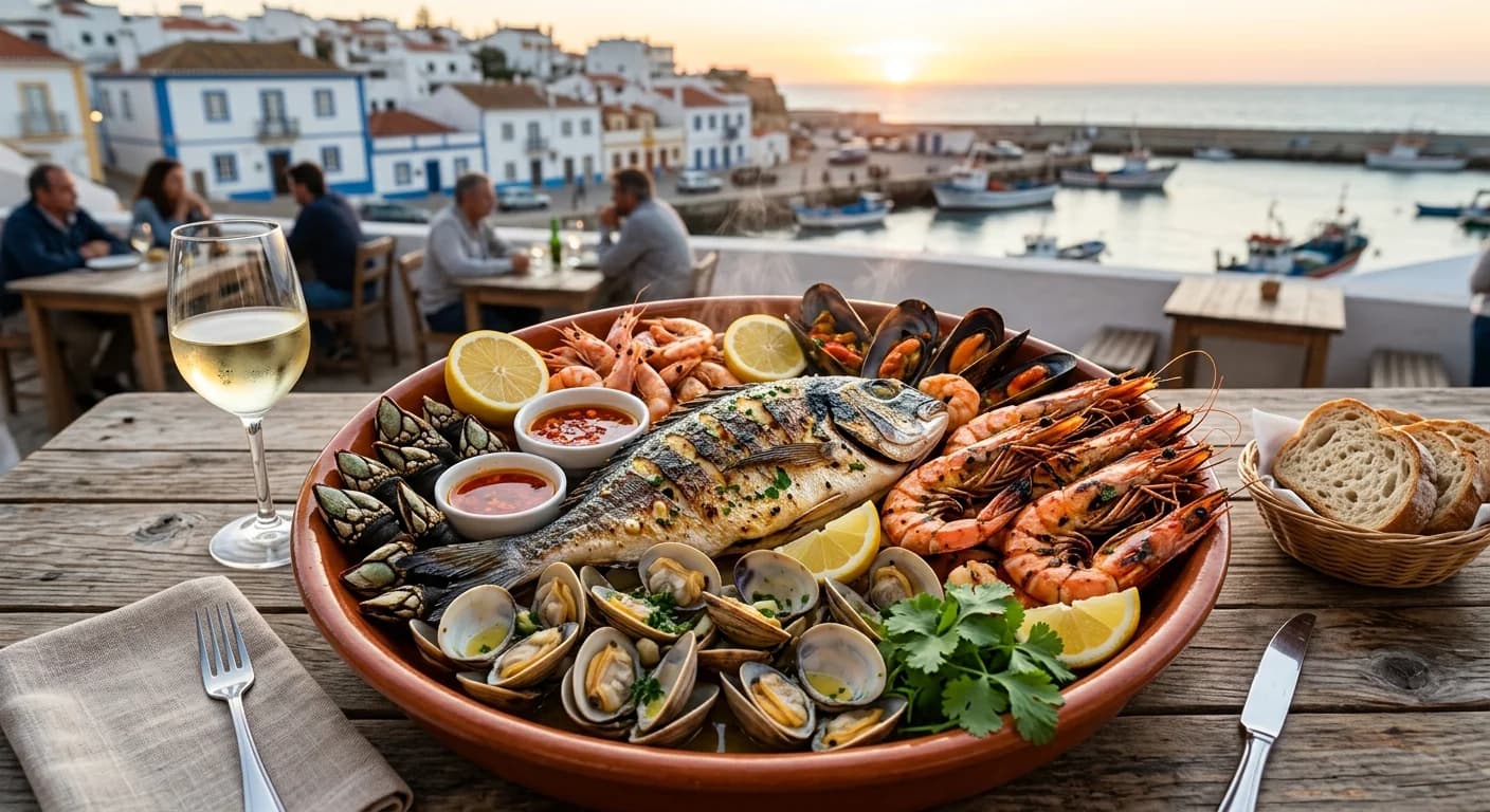Fresh seafood catering spread with grilled fish and shellfish at a corporate event in Lisbon