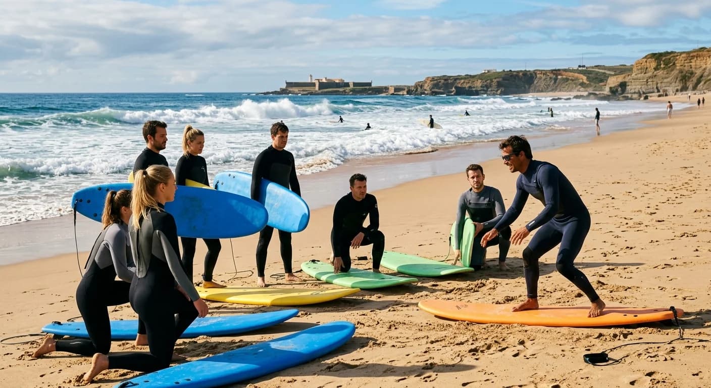 Corporate team learning to surf at Costa da Caparica beach near Lisbon