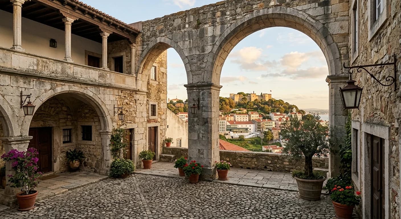 Azulejo-tiled courtyard event venue in Alfama with candlelight setup for a corporate dinner