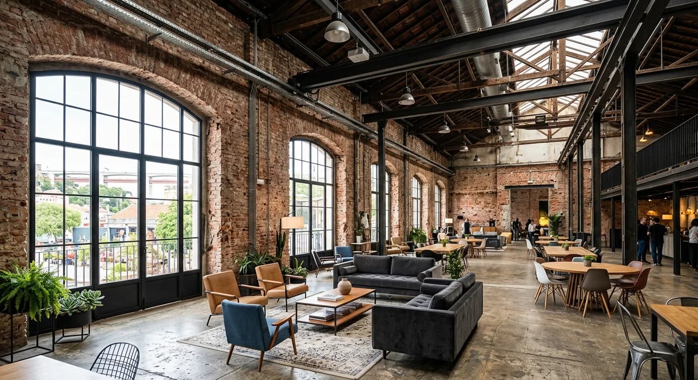Industrial event space at LX Factory in Lisbon with high ceilings and creative atmosphere