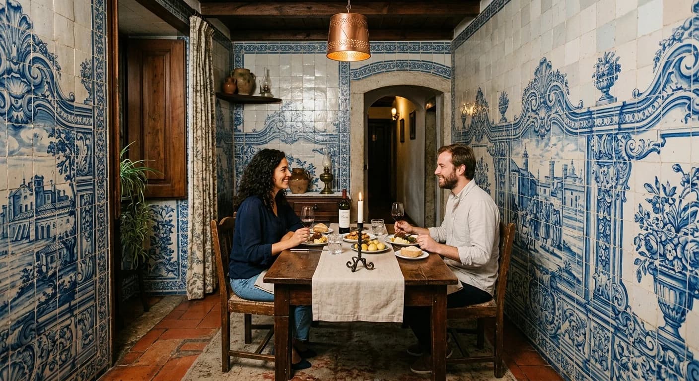 Private dining room in a Lisbon restaurant set for a corporate team dinner with Portuguese wine