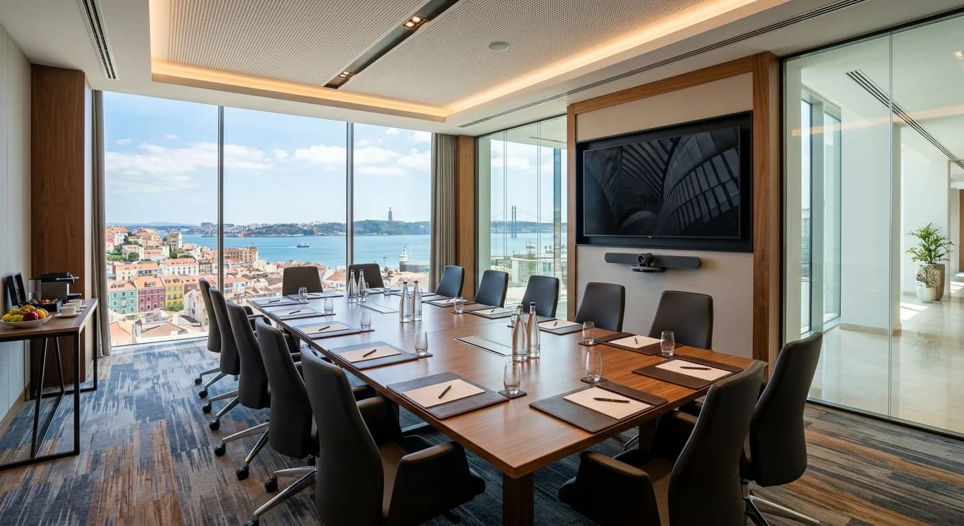 Conference hotel meeting room in Lisbon with professional AV setup for corporate events