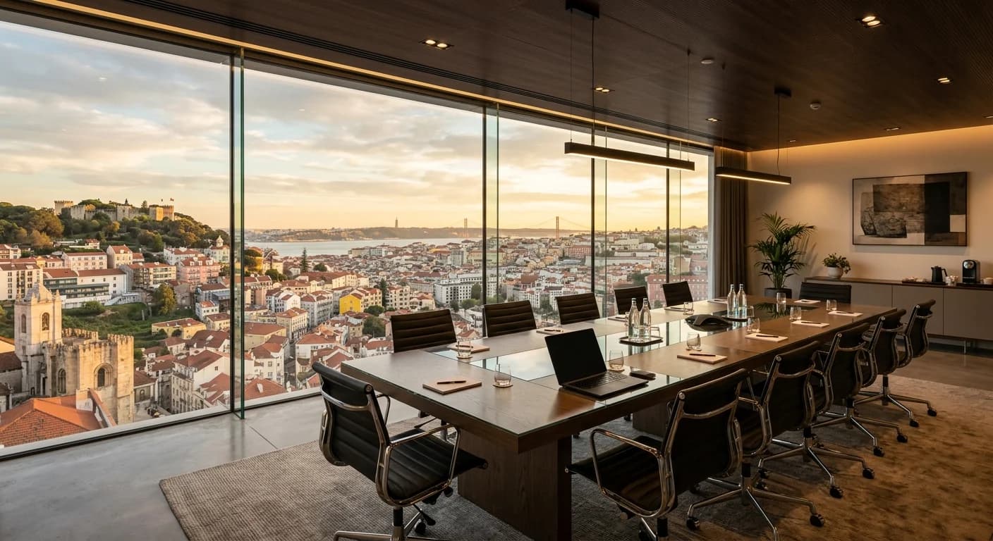 Modern conference room setup in Lisbon with professional AV equipment and city views