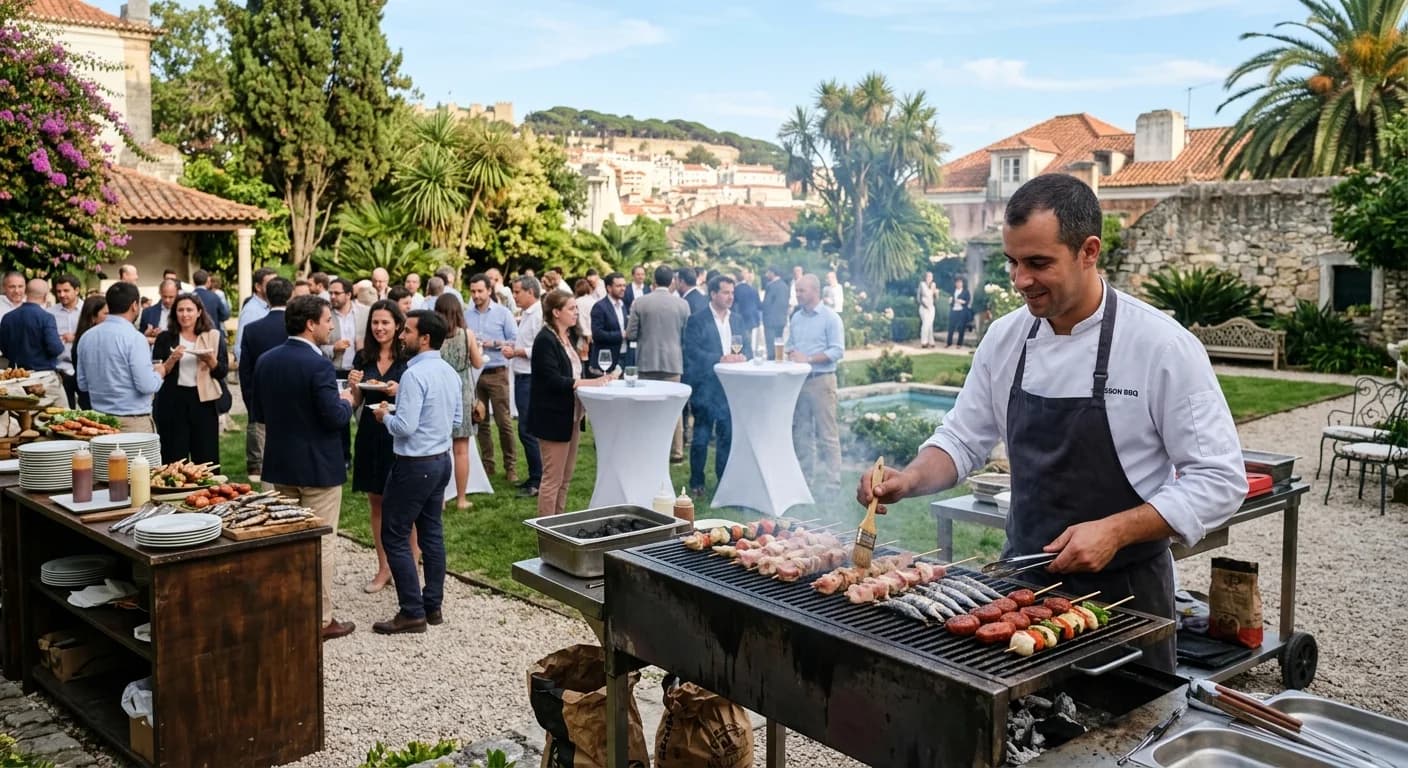 Portuguese churrasqueira BBQ with piri-piri chicken at an outdoor corporate event in Lisbon