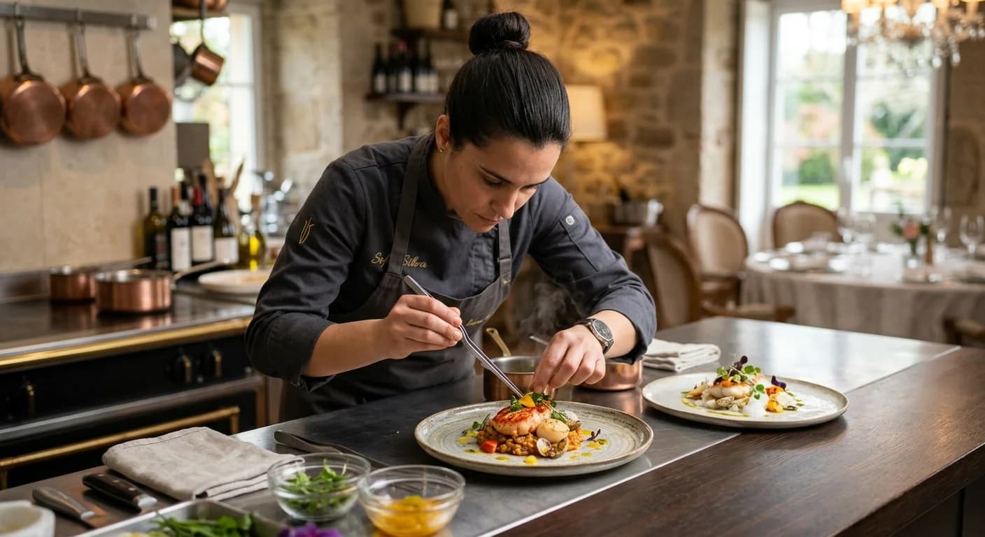 Private chef plating a gourmet Portuguese dish at an exclusive corporate dinner in Lisbon