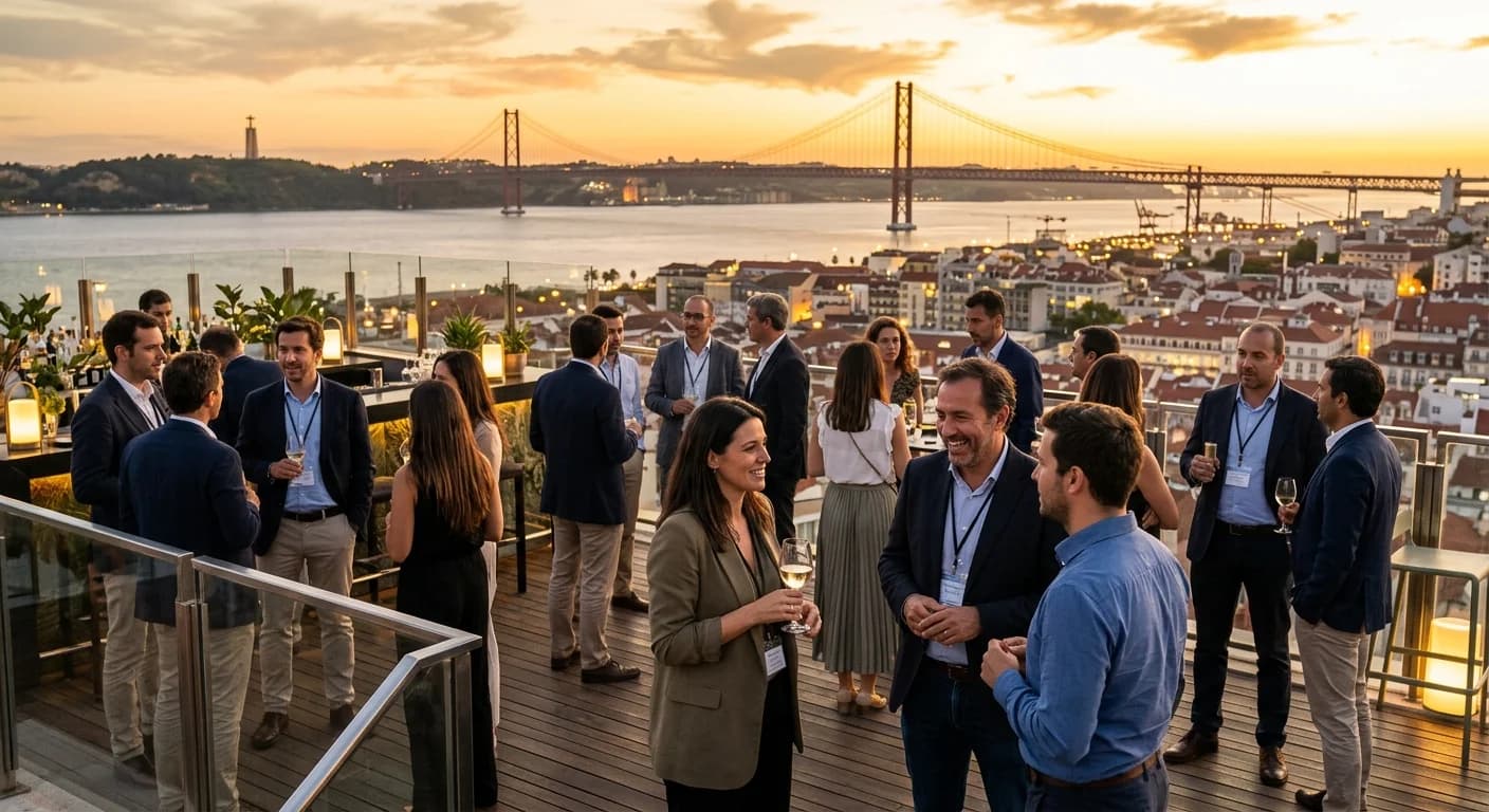 Event photographer capturing a corporate team moment in front of Lisbon azulejo tiles