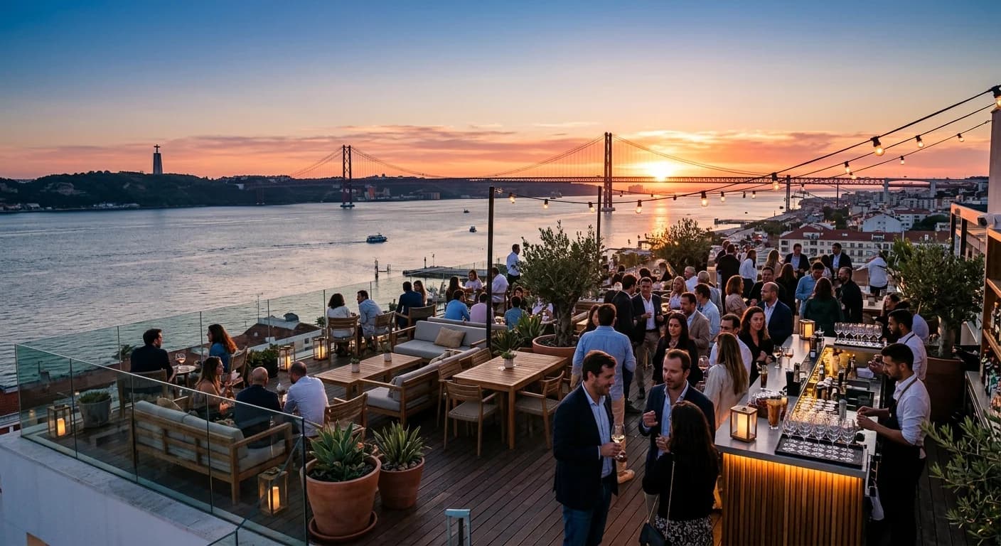 Rooftop event venue in Lisbon with panoramic Tagus River views at sunset