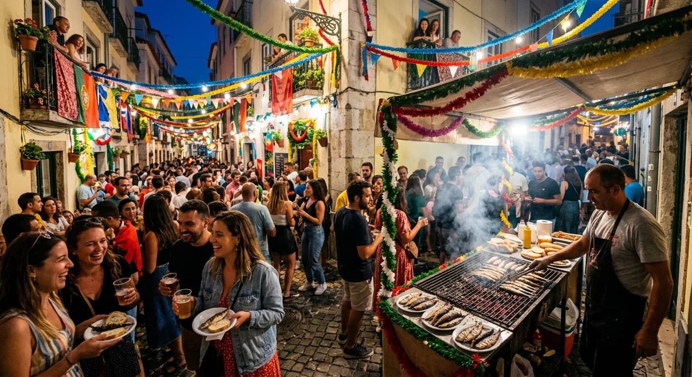 Santos Populares festival in Alfama with grilled sardines and decorated streets at night