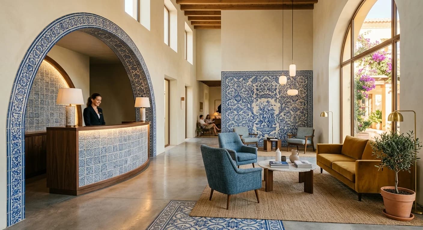 Statement design hotel lobby in Lisbon with azulejo tiles and contemporary furnishings