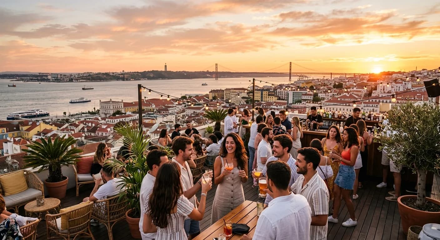 Company summer party on a Lisbon rooftop terrace with sunset views over the Tagus