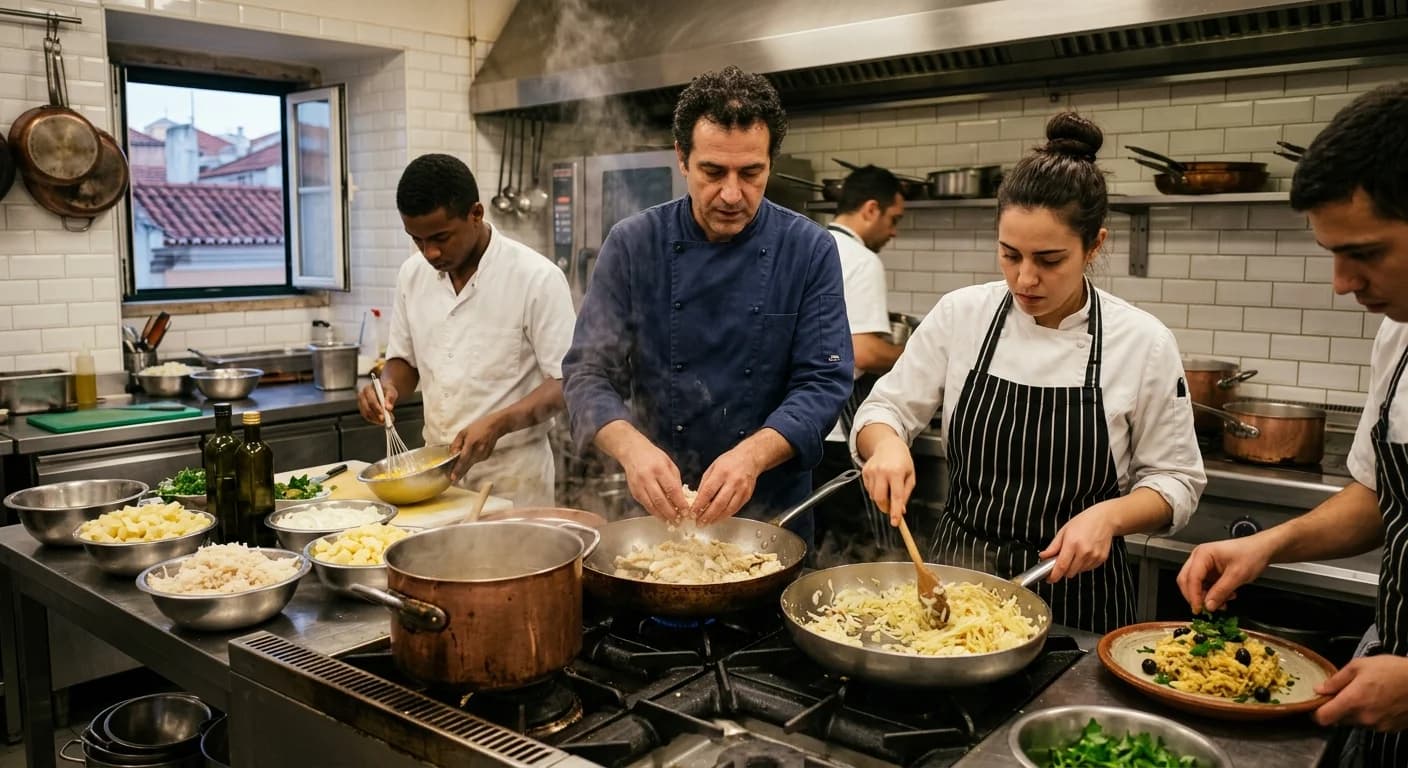 Team cooking class in a professional Lisbon kitchen preparing traditional Portuguese dishes
