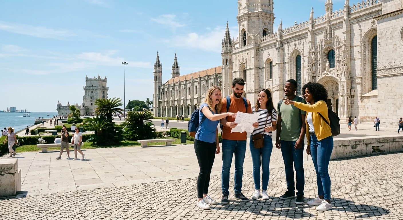 Corporate team taking a group selfie at a Lisbon miradouro during a city scavenger hunt