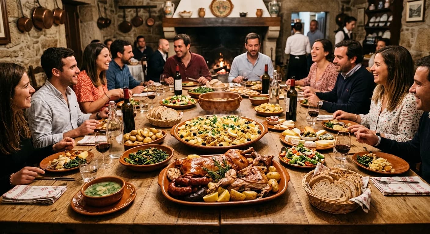 Traditional Portuguese catering with bacalhau and caldo verde at a corporate event in Lisbon