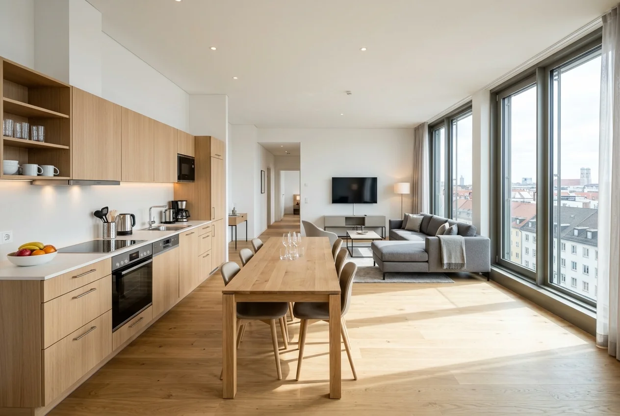 Modern aparthotel suite in Munich with kitchen and living area for extended team stays