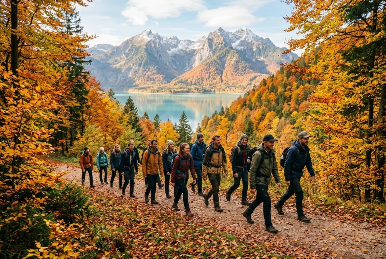 Corporate team at an autumn retreat in Zurich with golden Alpine foliage and Eisstockschiessen