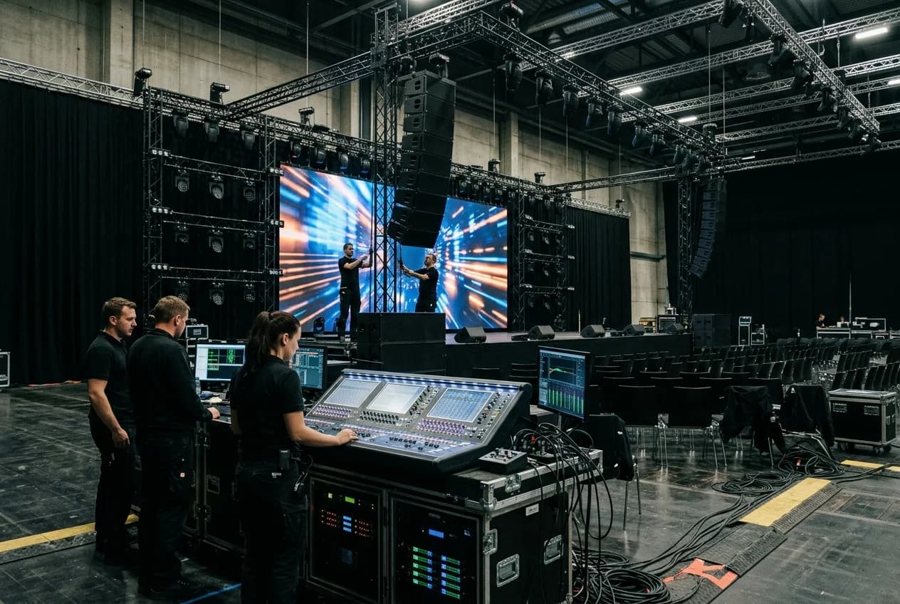 Professional AV setup with LED screen and lighting at a corporate event in Cologne