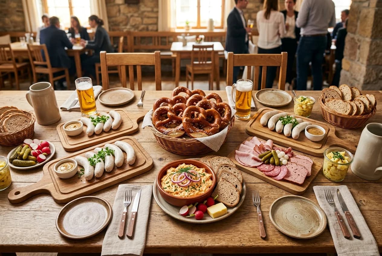 Traditional Bavarian catering spread with Weisswurst, Brezn, and Obatzda at a Cologne corporate event