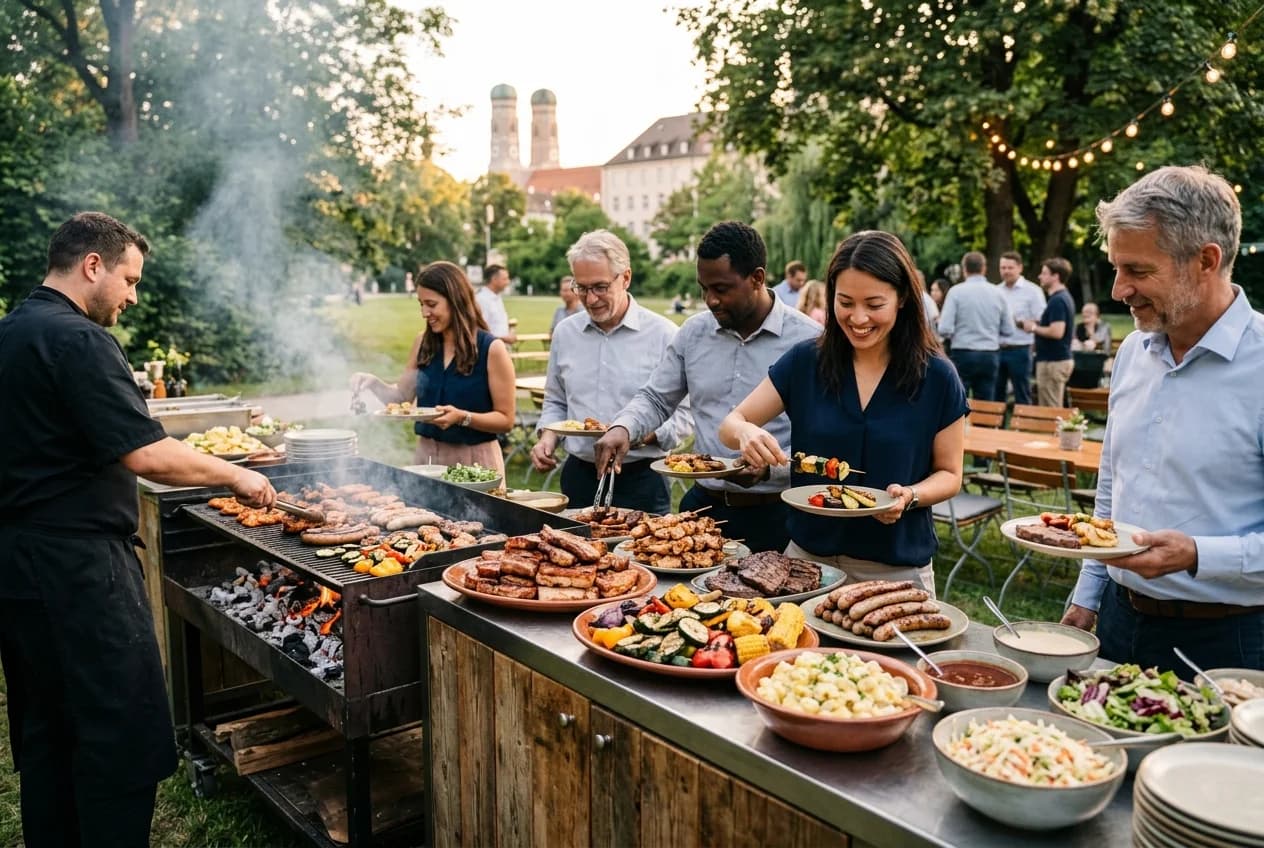 BBQ and grill buffet catering at a corporate outdoor event in Munich with Bavarian-style grilling