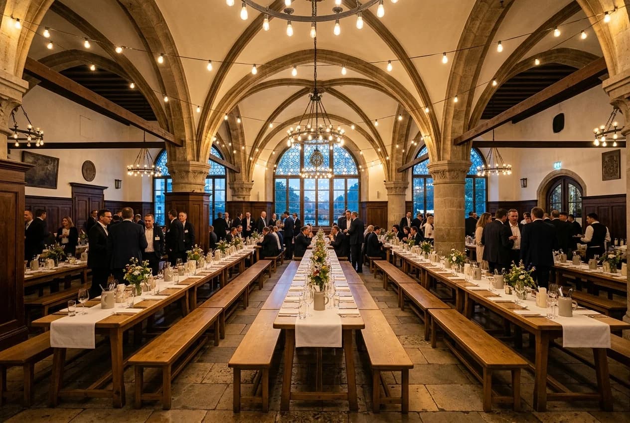 Corporate team event in a traditional Munich beer hall with long wooden tables and Mass beer