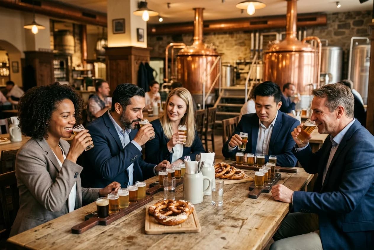 Corporate team enjoying a guided beer tasting at a traditional Munich brewery