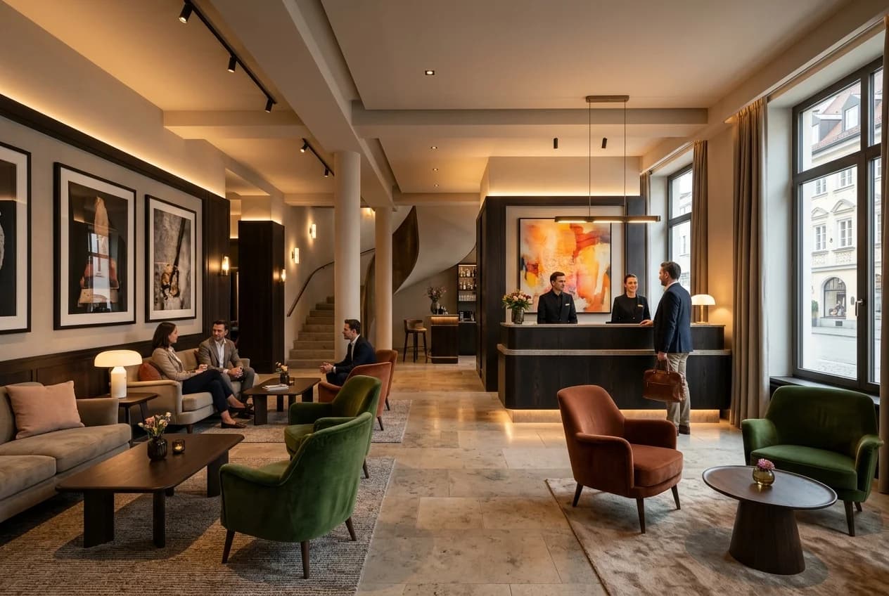 Stylish boutique hotel room in Cologne with Bavarian design elements and Viktualienmarkt views