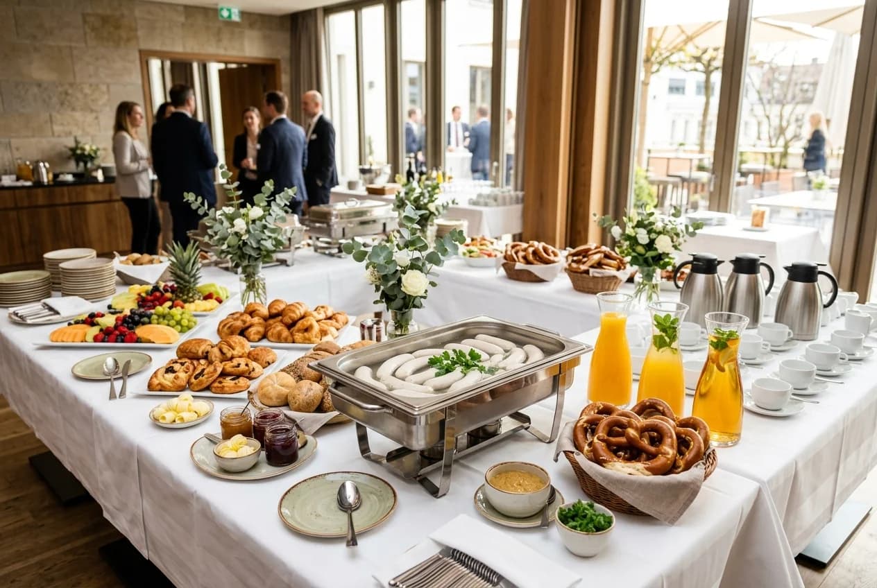 Bavarian brunch catering with Weisswurst-Fruehstueck at a corporate event in Munich
