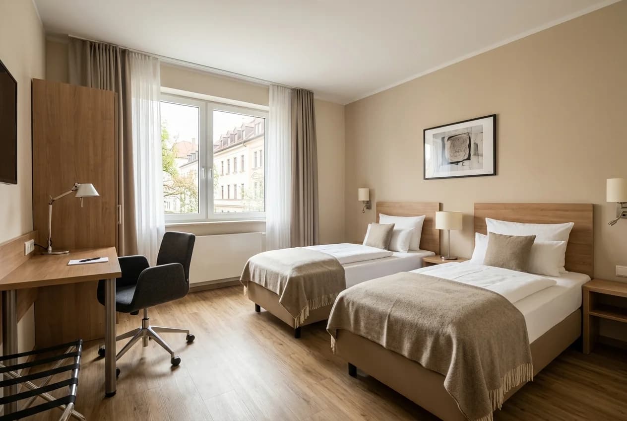 Modern budget hotel room in Munich with clean design and central location