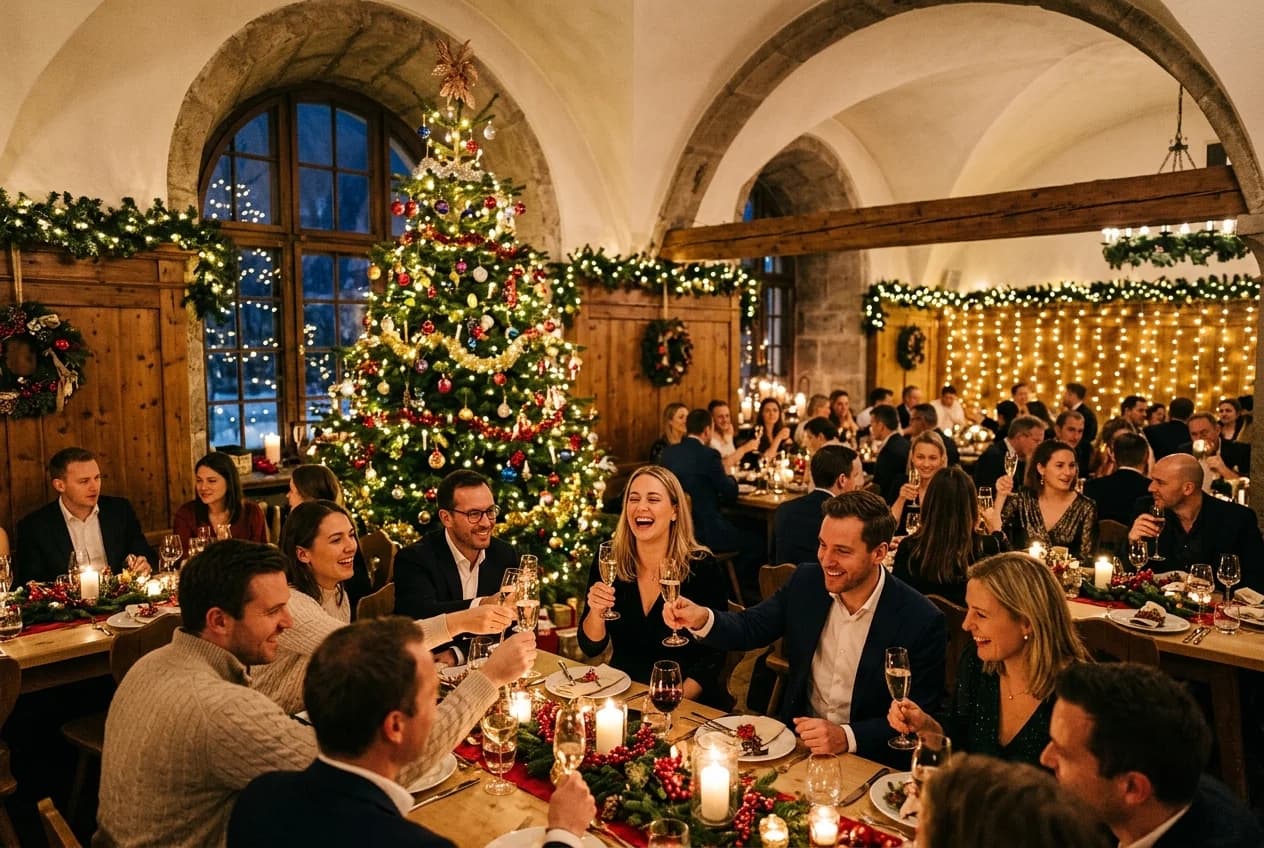 Corporate team at the Munich Christkindlmarkt at Marienplatz with Gluehwein and festive lights