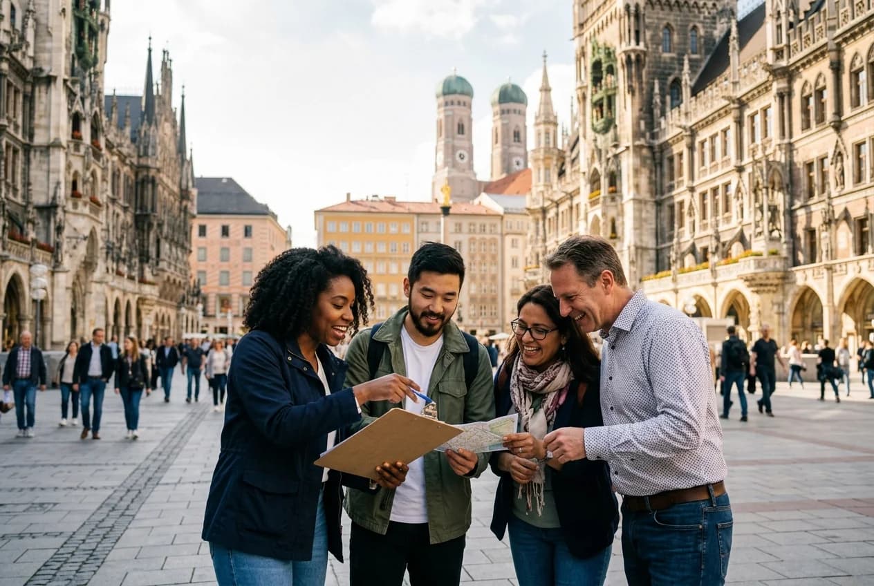 Corporate team on a city rally scavenger hunt at Marienplatz in Vienna