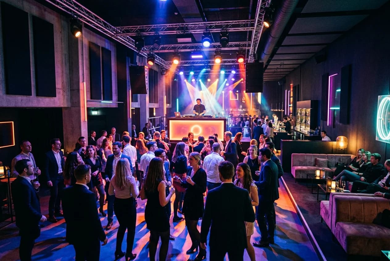 Corporate party at a club venue in Munich Werksviertel with professional lighting and dance floor