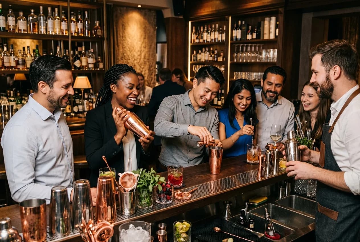 Corporate team at a cocktail workshop in Munich Glockenbachviertel with professional mixologist