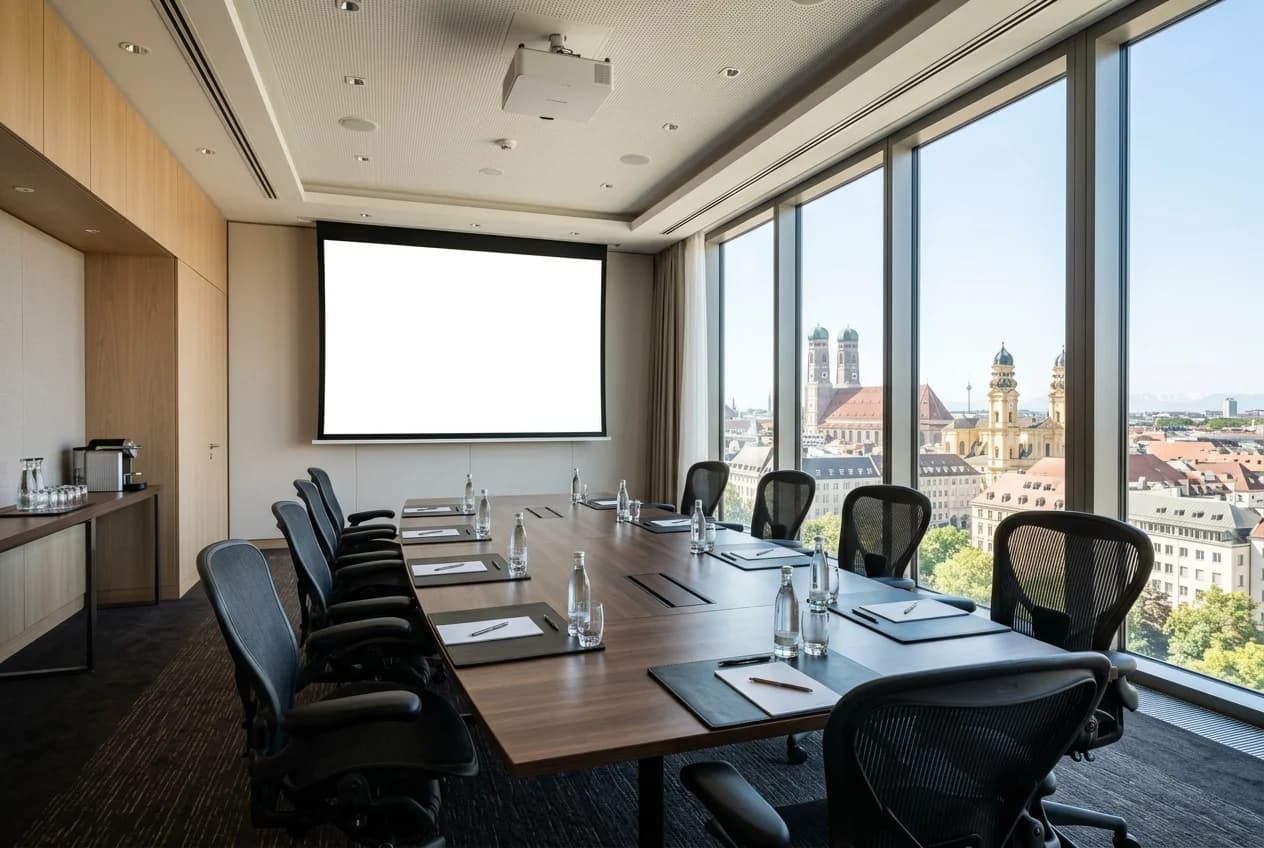 Conference room at a premium Munich hotel with modern AV equipment and Bavarian decor