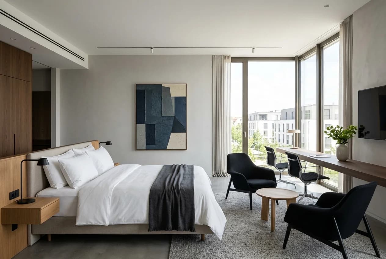 Contemporary design hotel room in Munich with architectural details and modern furnishings