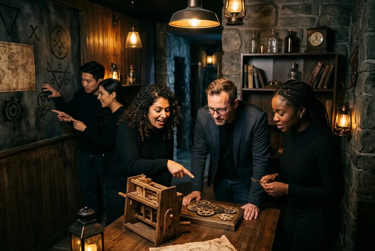 Corporate team solving puzzles in a themed escape room in Cologne