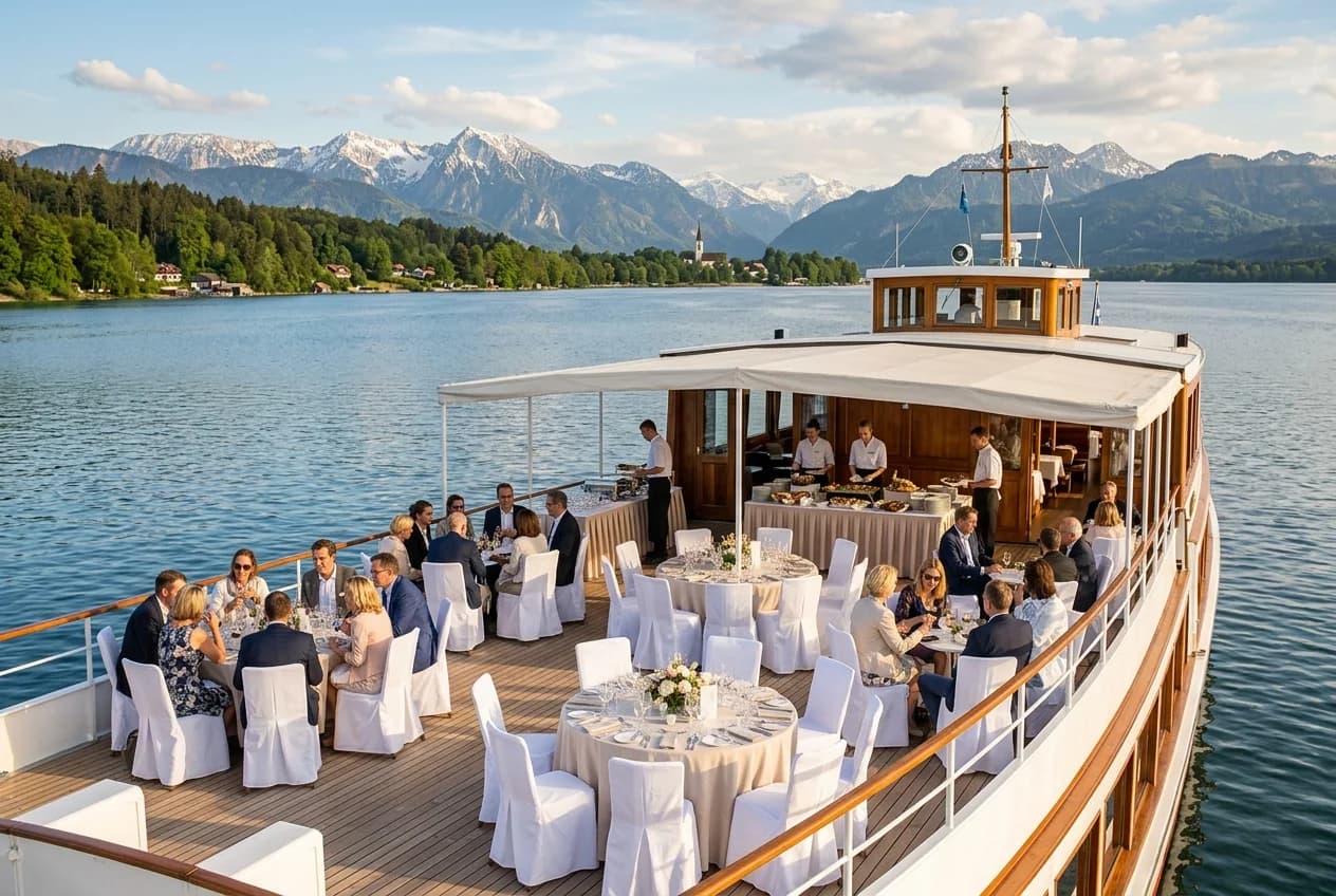 Corporate event boat cruise on Starnberger See near Munich with Alpine panorama