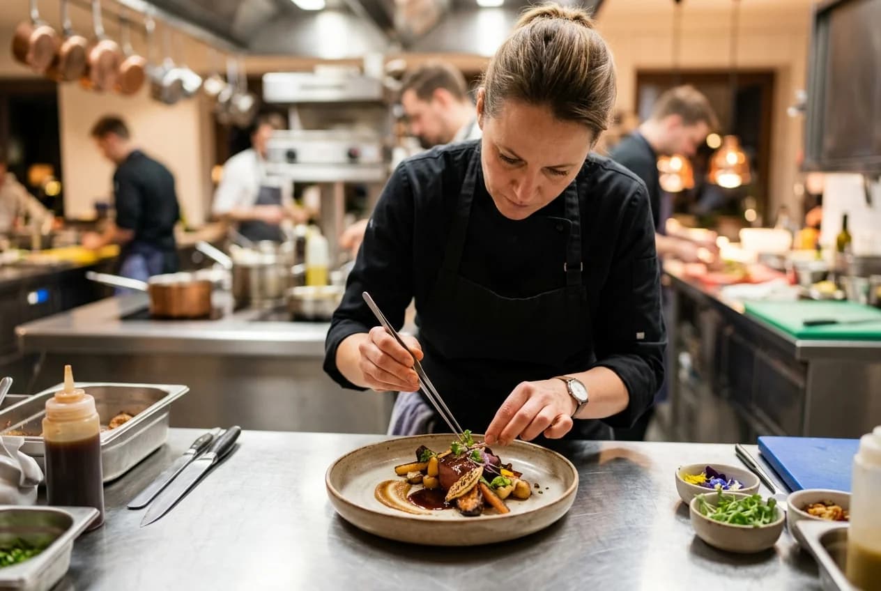 Private chef preparing a fine dining course at a corporate dinner in Munich