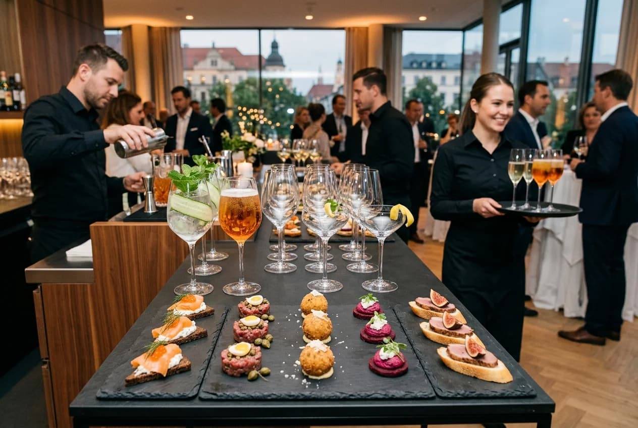Elegant fingerfood and cocktail reception catering at a corporate event in Munich