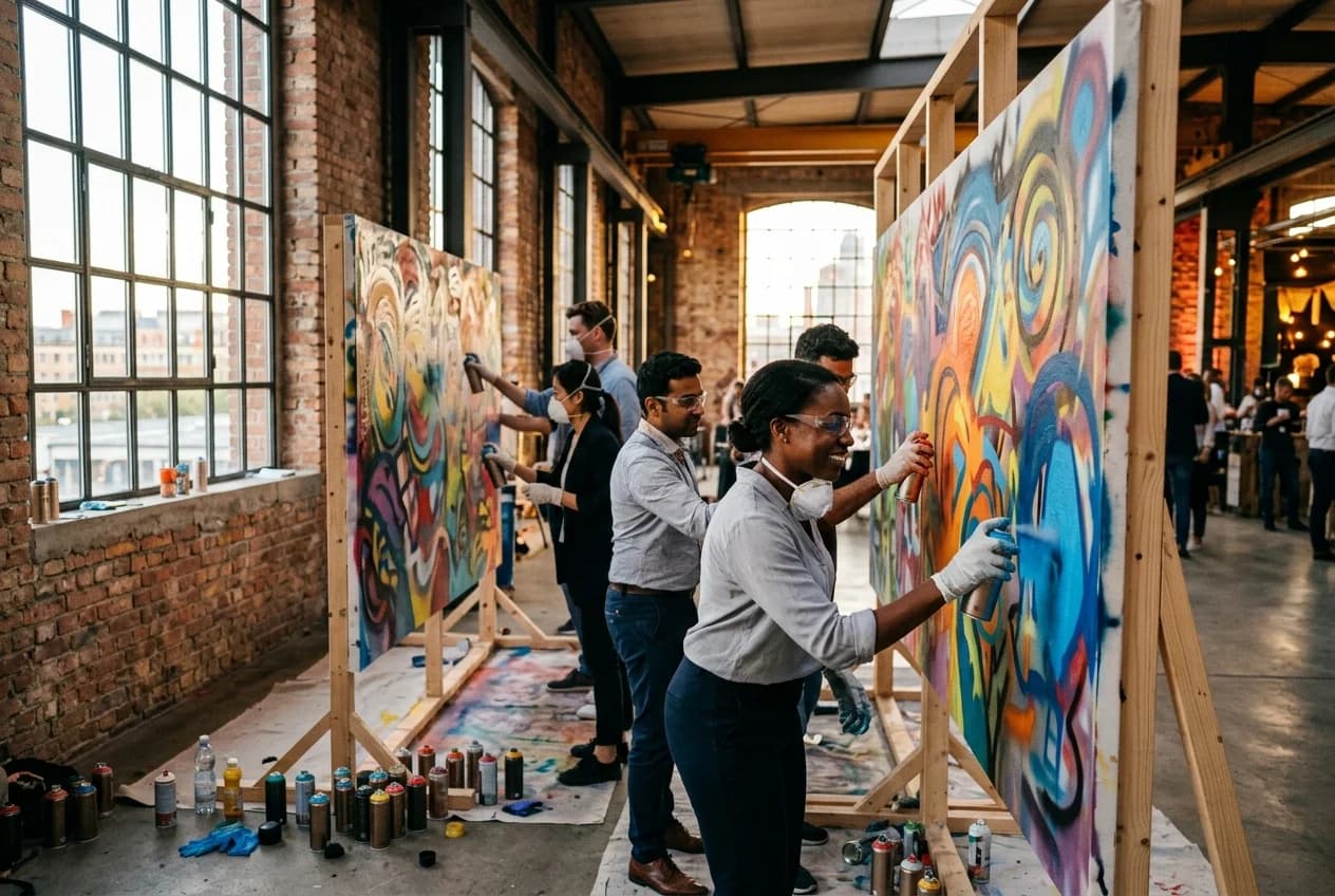 Corporate team at a graffiti workshop in Cologne Werksviertel with spray cans and urban art backdrop