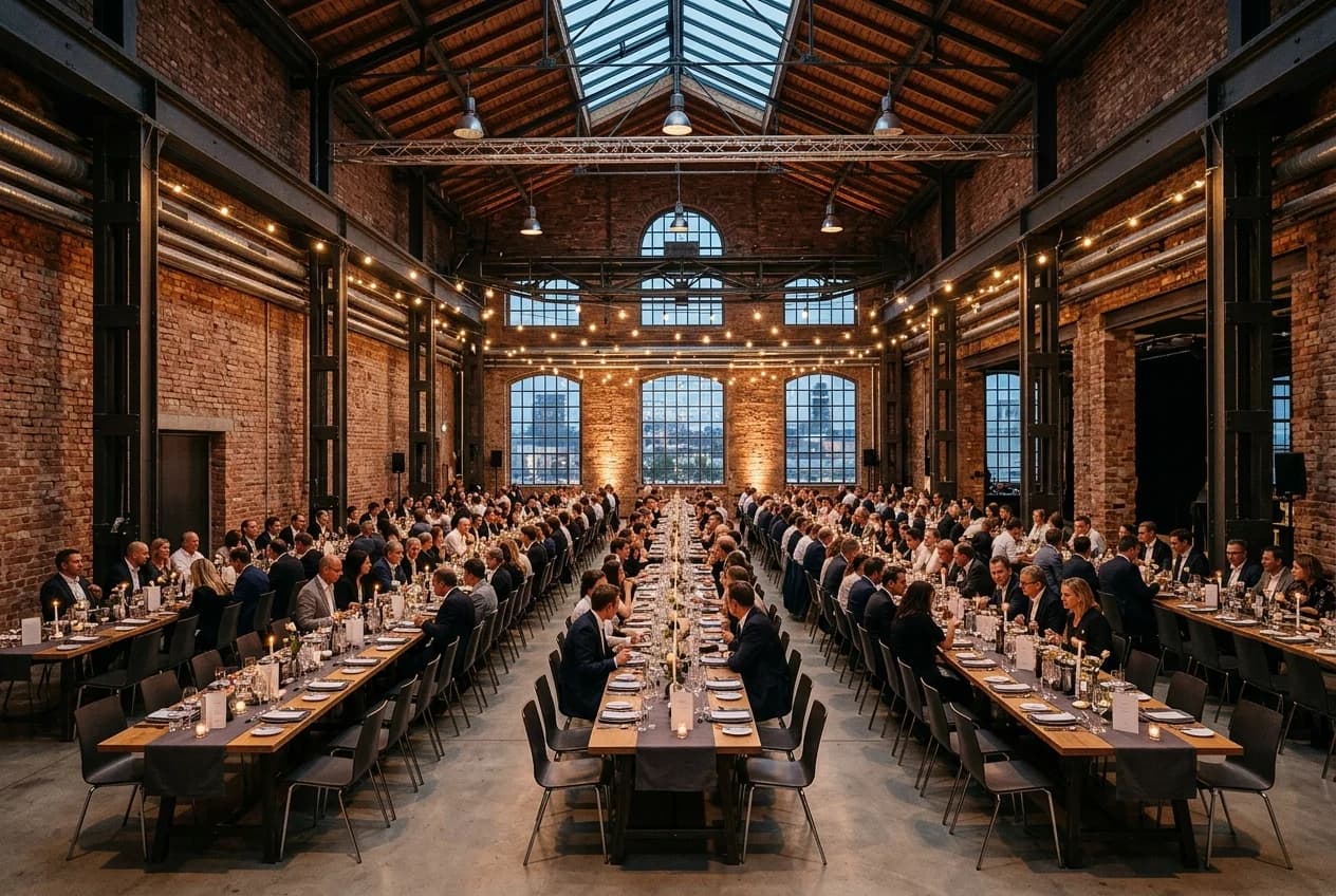 Industrial loft event venue in Munich Werksviertel with exposed brick and modern lighting