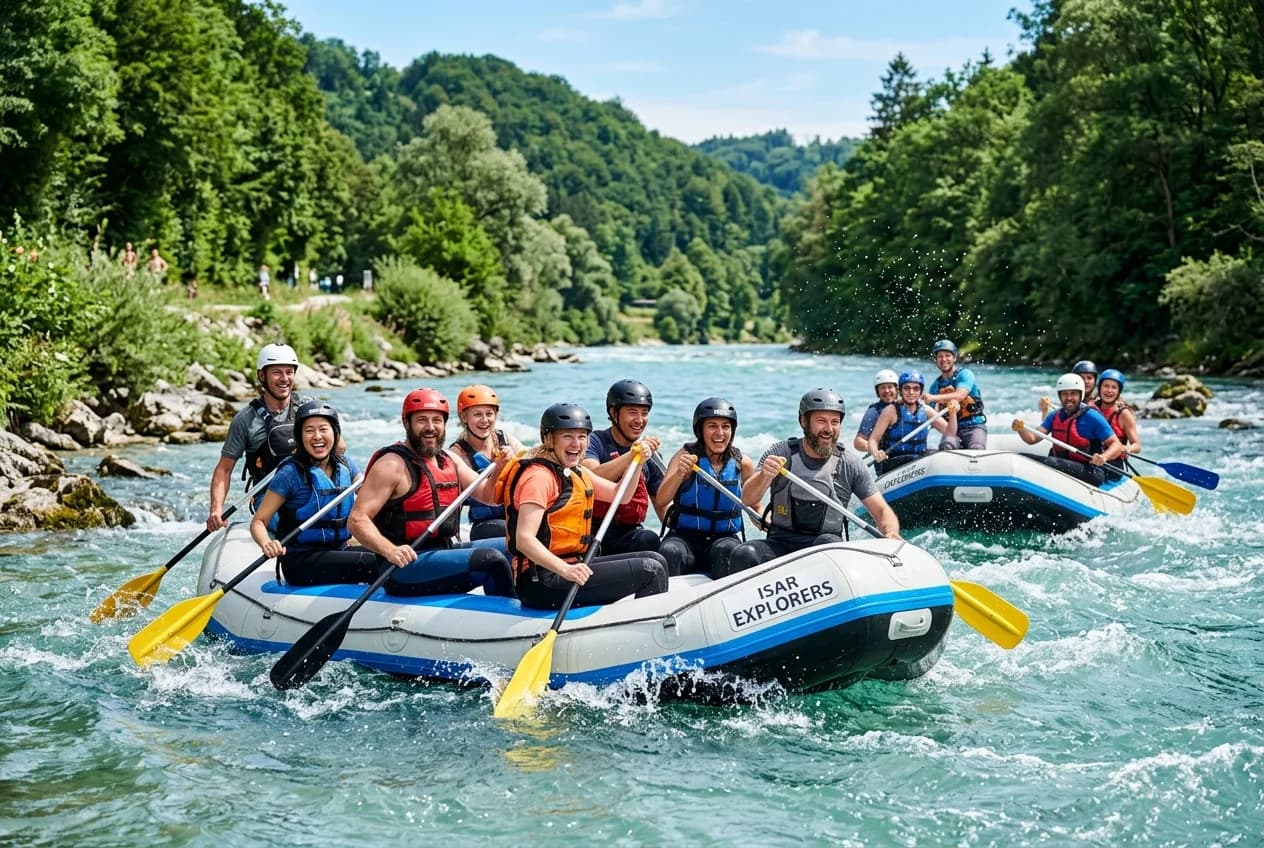 Corporate team rafting on the Isar river in Munich